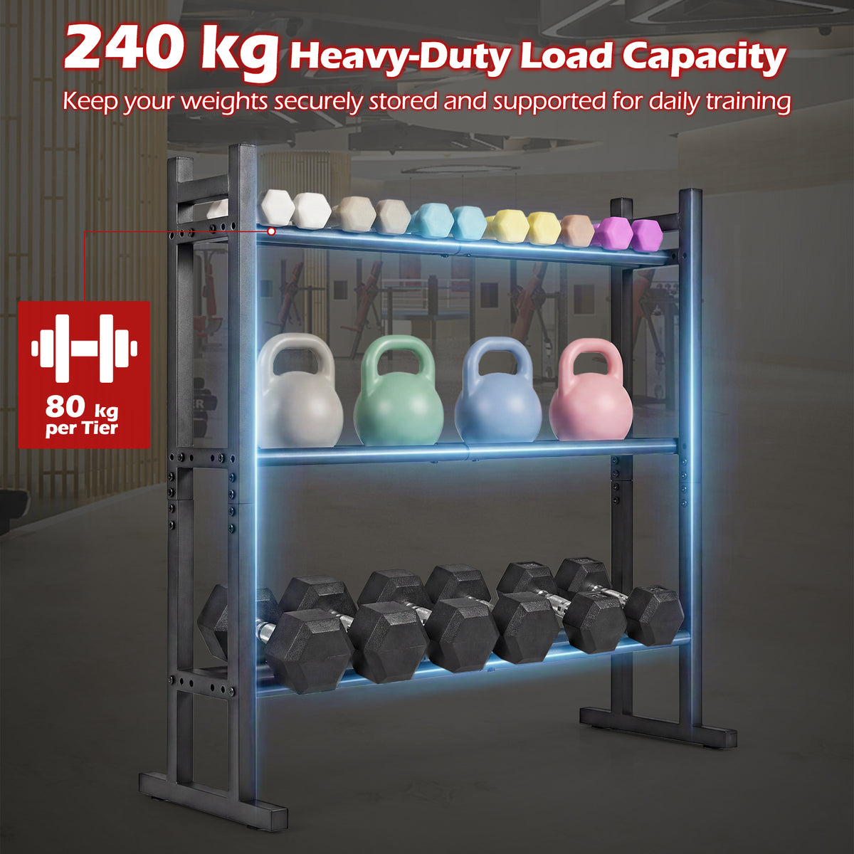3-Tier Dumbbell Rack, 240KG Capacity Heavy-Duty Adjustable Weight Rack Stand