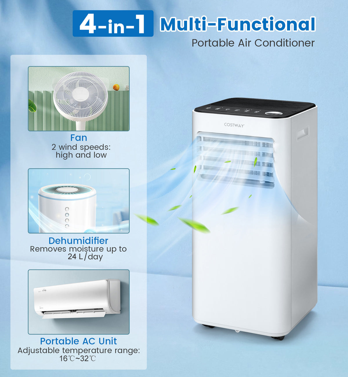 9000 BTU Portable Air Conditioner with Fan and Dehumidifier Mode