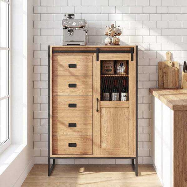 Floor Storage Cabinet with Sliding Door and Adjustable Shelves for Living Room