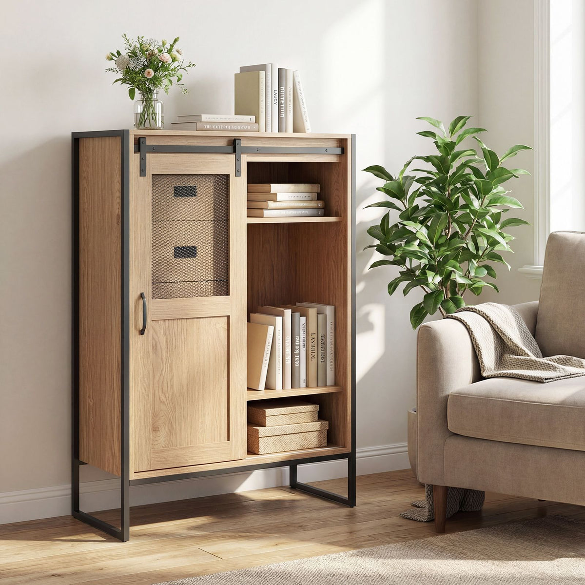 Floor Storage Cabinet with Sliding Door and Adjustable Shelves for Living Room