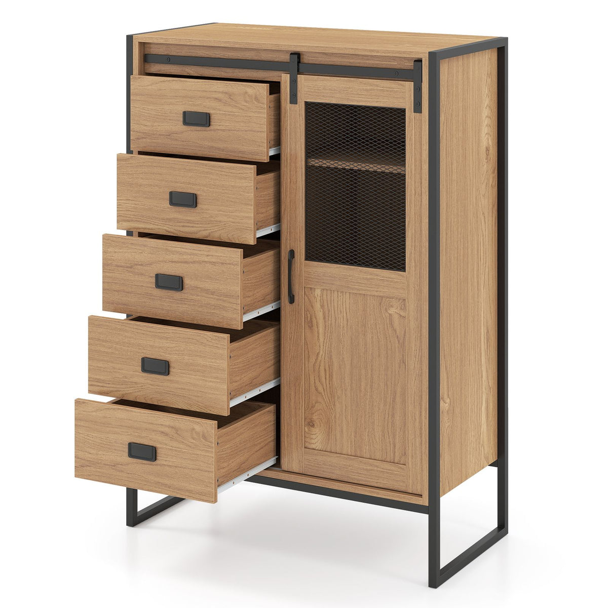 Floor Storage Cabinet with Sliding Door and Adjustable Shelves for Living Room