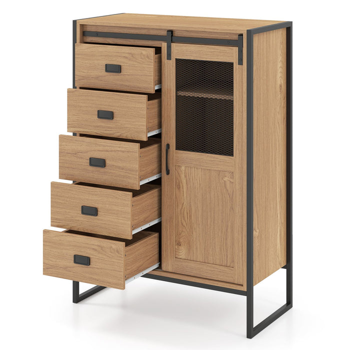 Floor Storage Cabinet with Sliding Door and Adjustable Shelves for Living Room