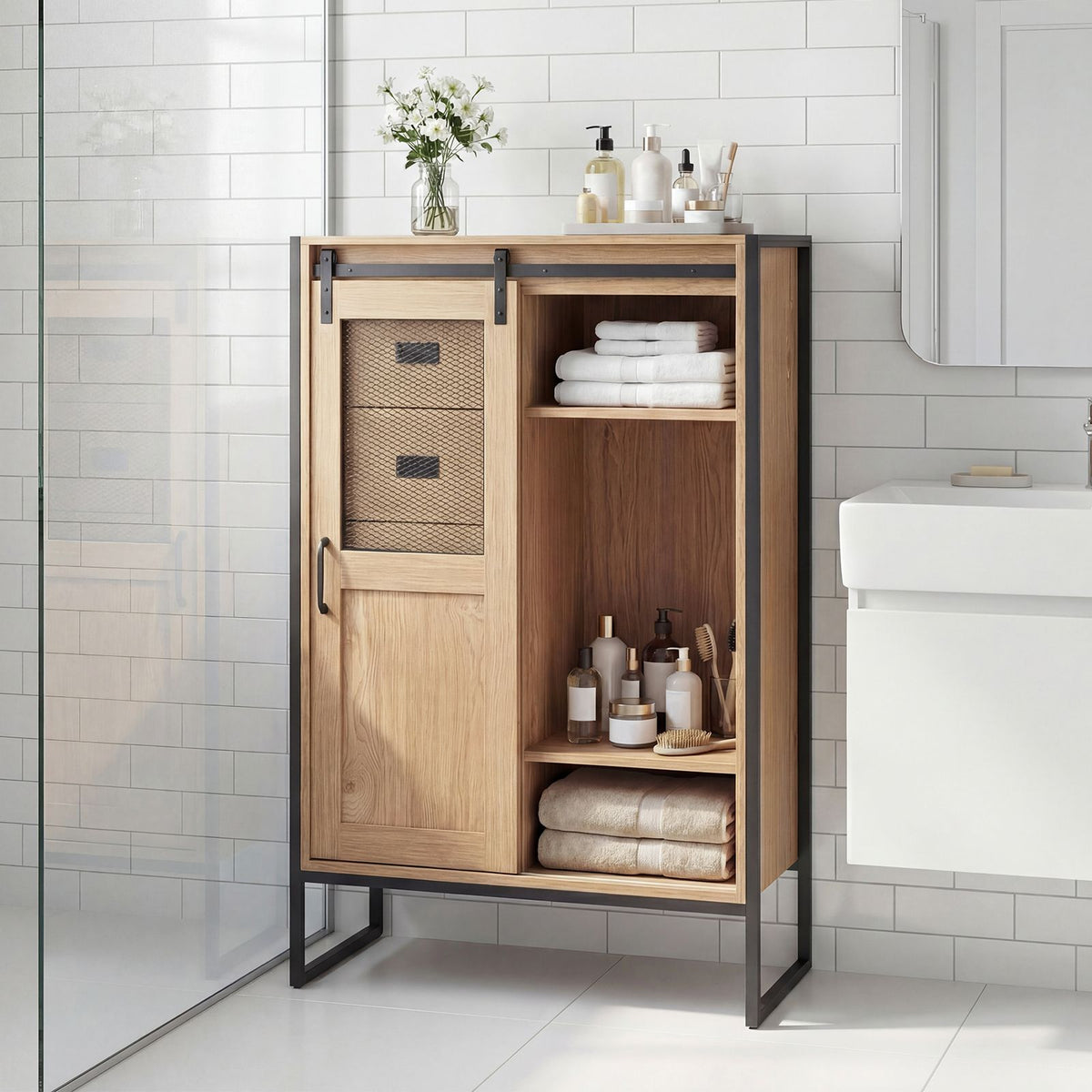 Floor Storage Cabinet with Sliding Door and Adjustable Shelves for Living Room