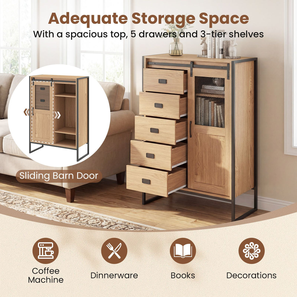Floor Storage Cabinet with Sliding Door and Adjustable Shelves for Living Room