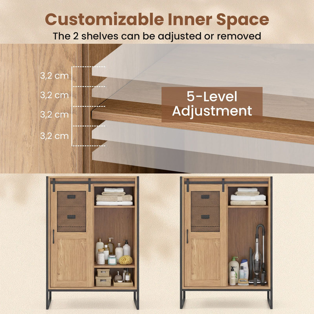 Floor Storage Cabinet with Sliding Door and Adjustable Shelves for Living Room