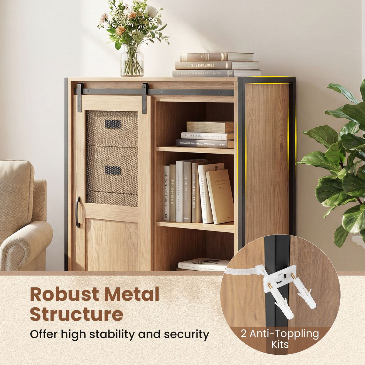 Floor Storage Cabinet with Sliding Door and Adjustable Shelves for Living Room