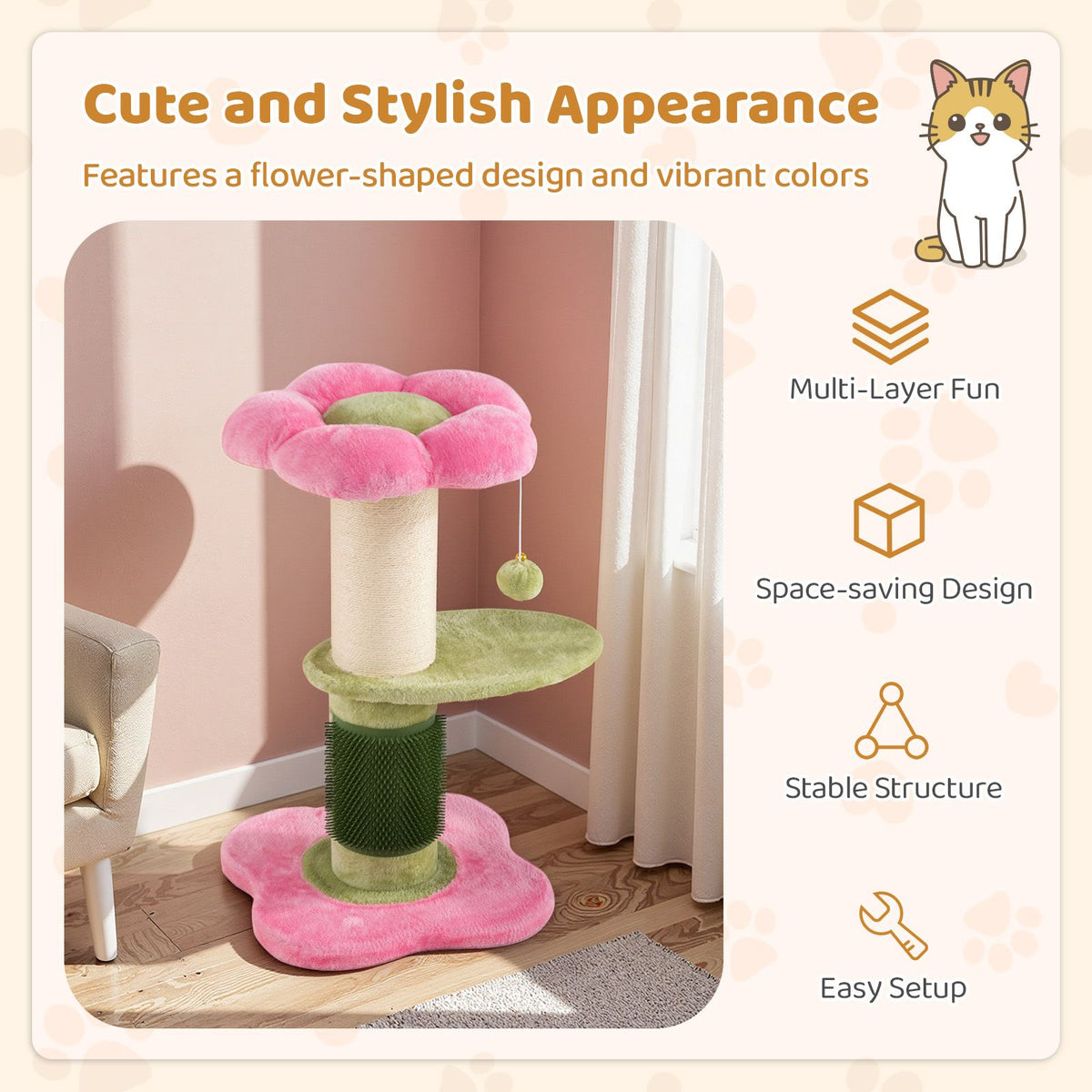 Flower Cat Tree with Padded Plush Perch and Sisal Scratching Post and Self Groomer