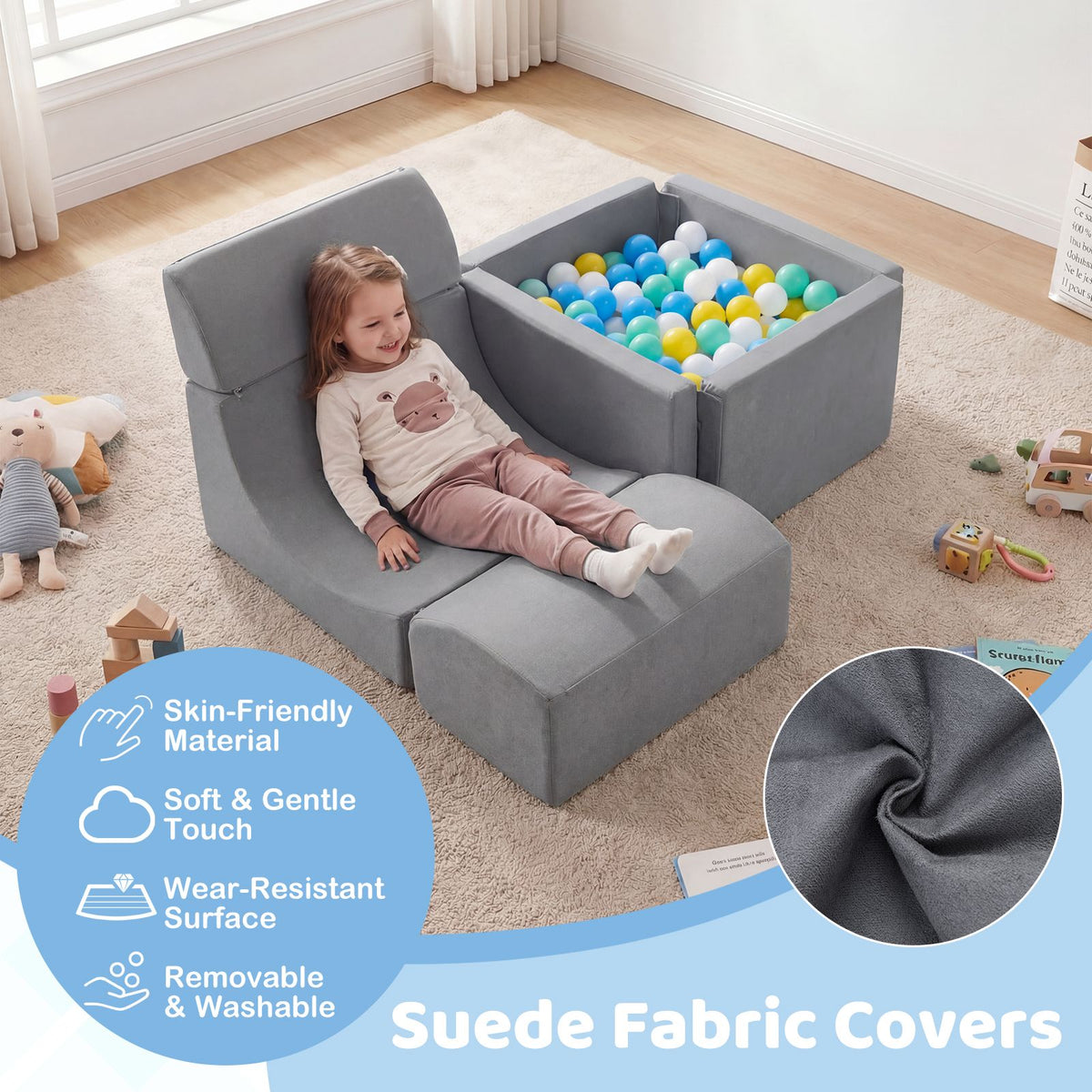 Foam Climbing Blocks for Toddlers Kids Soft Play Set with Ball Pit and Suede Covers