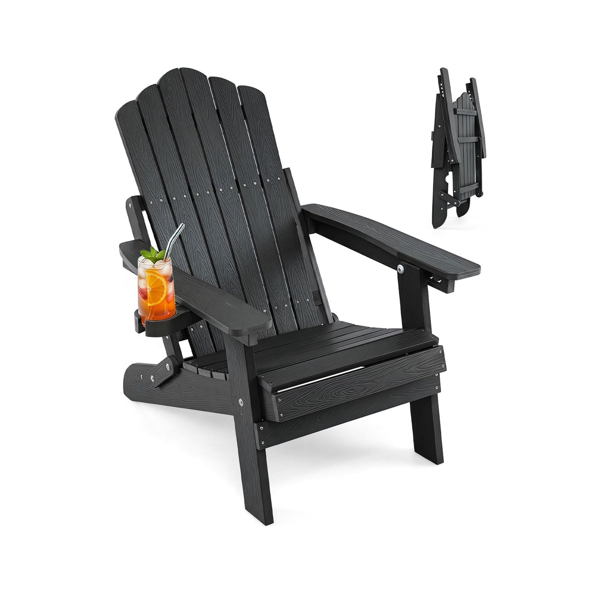 Foldable HIPS Outdoor Plastic Chair with 5-Level Backrest Wooden Textured for Lawn