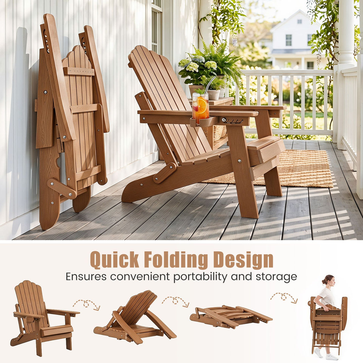 Foldable HIPS Outdoor Plastic Chair with 5-Level Backrest Wooden Textured for Lawn