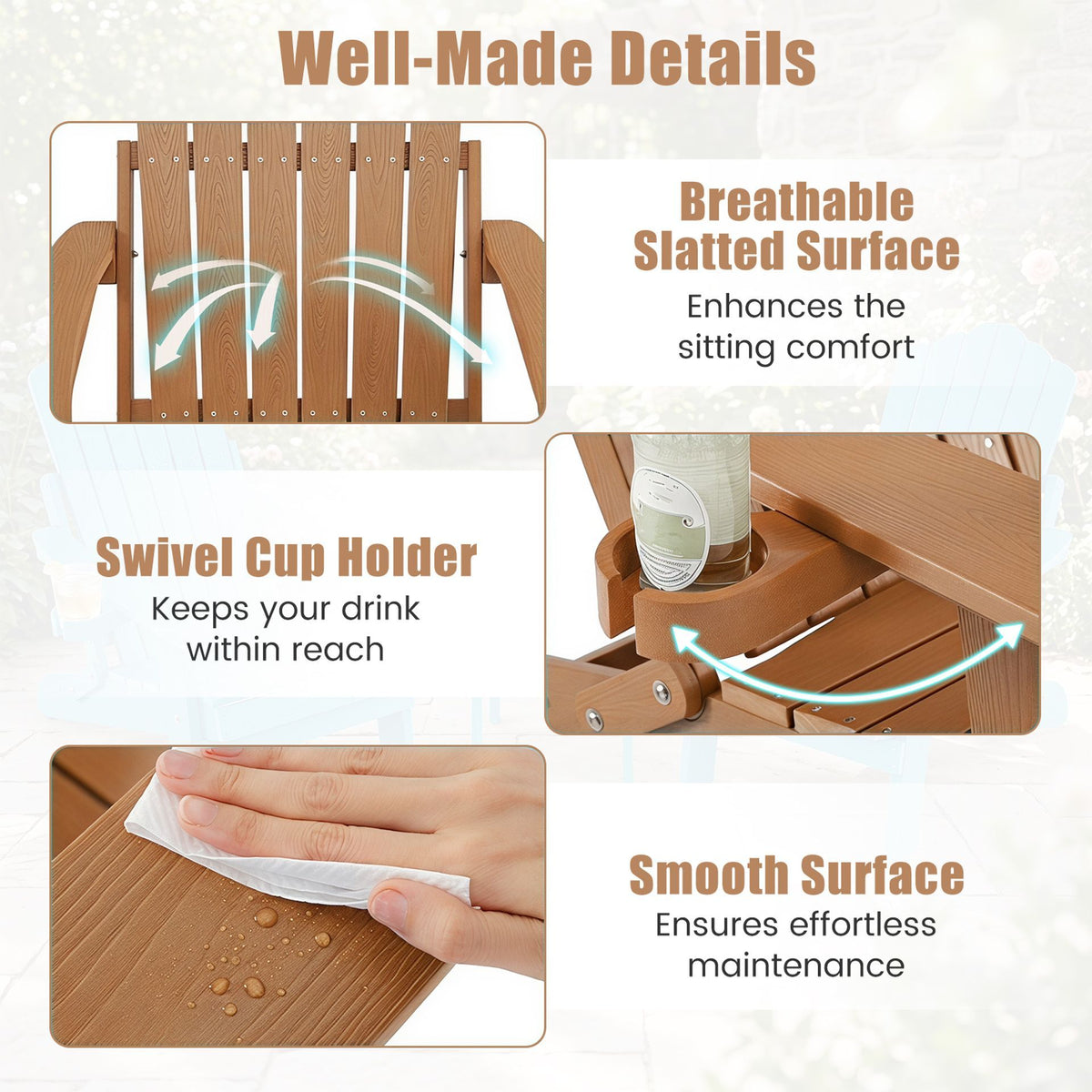 Foldable HIPS Outdoor Plastic Chair with 5-Level Backrest Wooden Textured for Lawn
