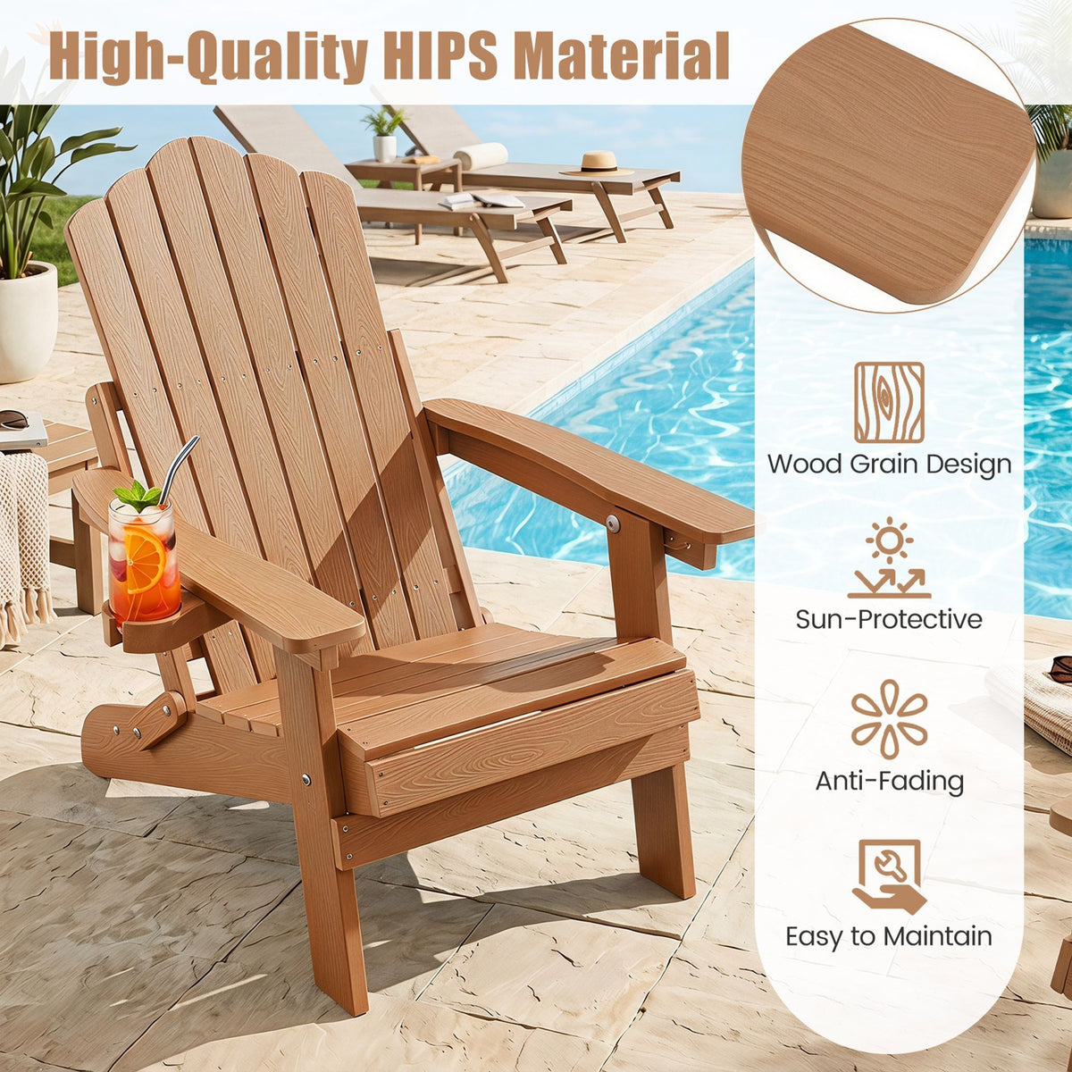 Foldable HIPS Outdoor Plastic Chair with 5-Level Backrest Wooden Textured for Lawn