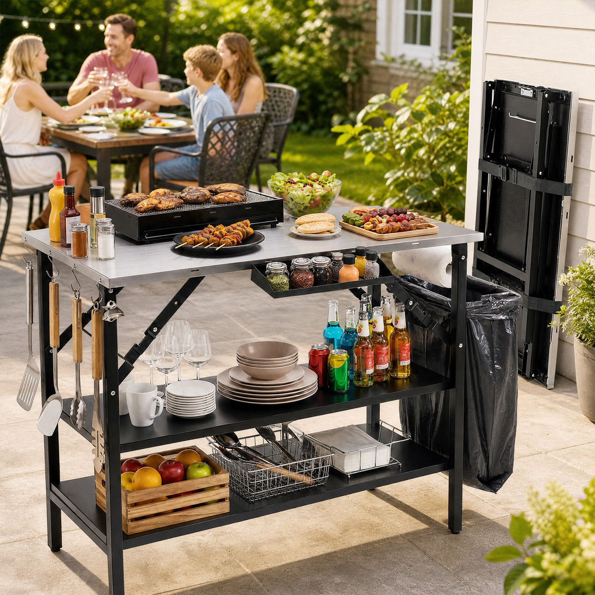 Foldable Outdoor Cook Station with 2 Removable Shelves