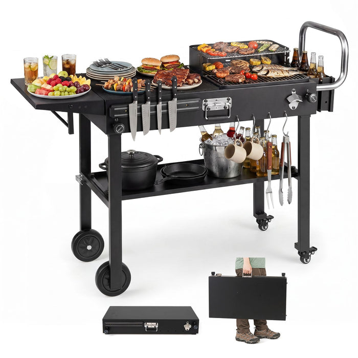 Foldable Outdoor Grill Cart with 79 x 43 CM Tabletop and Side Tray