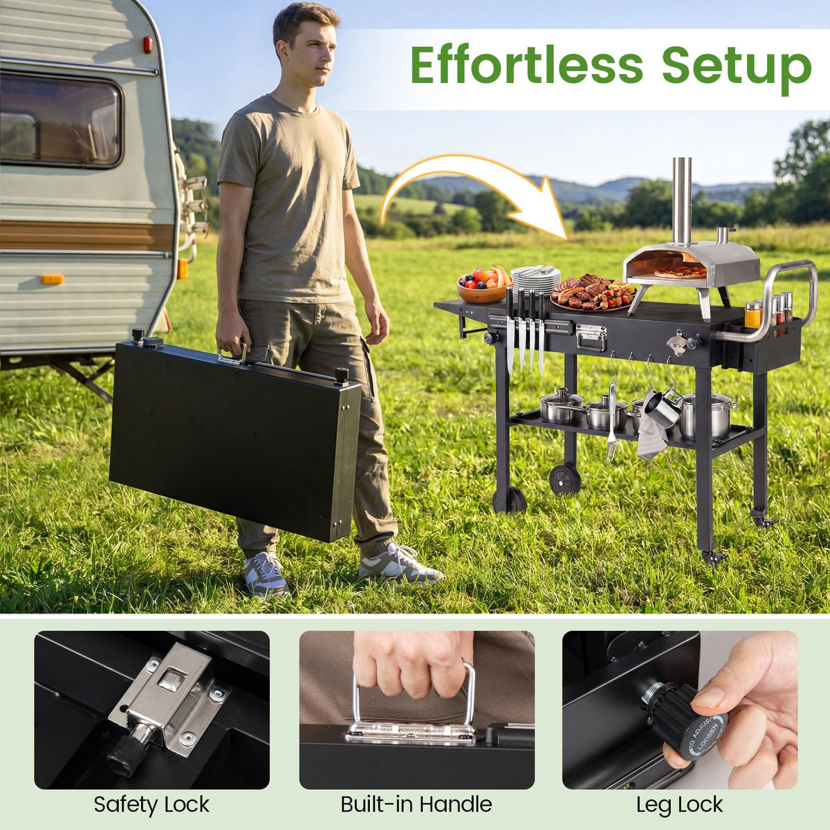 Foldable Outdoor Grill Cart with 79 x 43 CM Tabletop and Side Tray