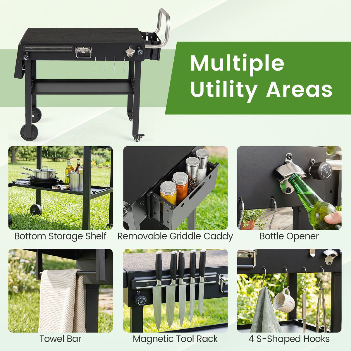 Foldable Outdoor Grill Cart with 79 x 43 CM Tabletop and Side Tray