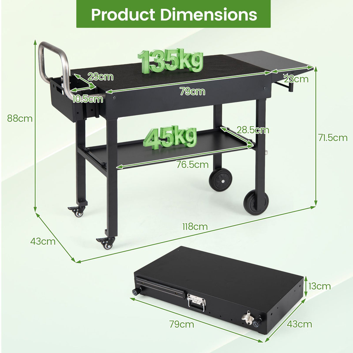 Foldable Outdoor Grill Cart with 79 x 43 CM Tabletop and Side Tray