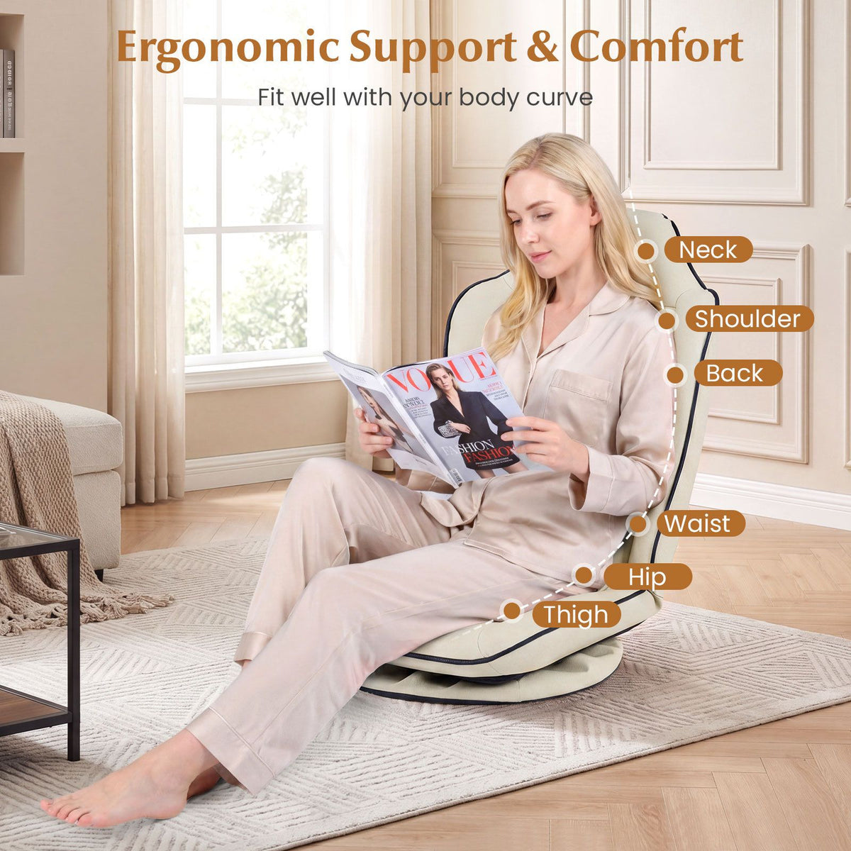Foldable Reclining Lounge Chair with Padded Seat for Reading Working