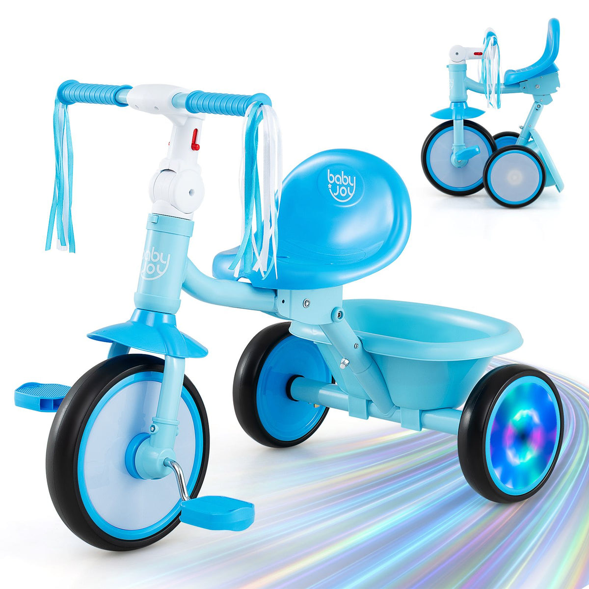Foldable Toddler Tricycle with Lighting Wheels and Adjustable Seat for 2-5 Years Old