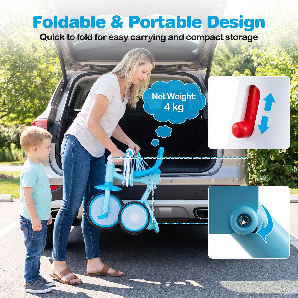 Foldable Toddler Tricycle with Lighting Wheels and Adjustable Seat for 2-5 Years Old