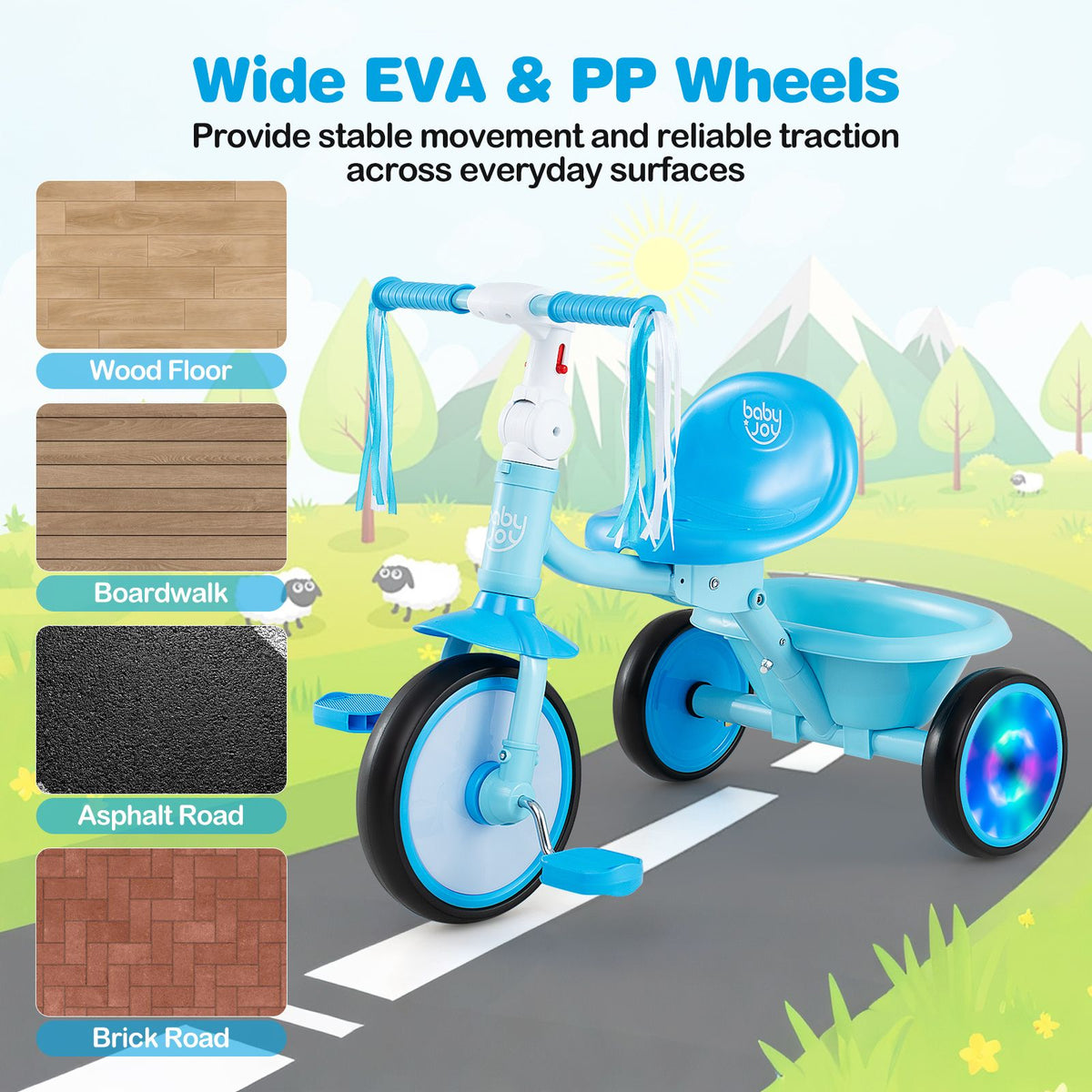 Foldable Toddler Tricycle with Lighting Wheels and Adjustable Seat for 2-5 Years Old