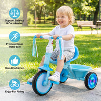 Foldable Toddler Tricycle with Lighting Wheels and Adjustable Seat for 2-5 Years Old