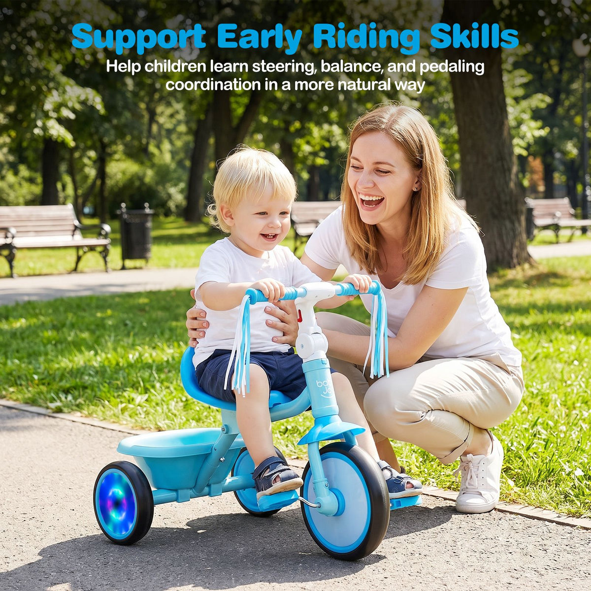 Foldable Toddler Tricycle with Lighting Wheels and Adjustable Seat for 2-5 Years Old