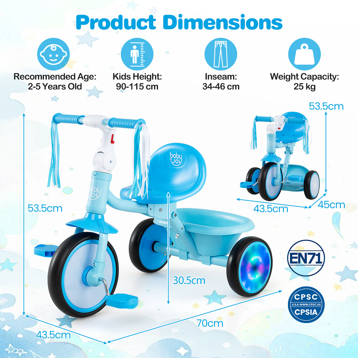 Foldable Toddler Tricycle with Lighting Wheels and Adjustable Seat for 2-5 Years Old