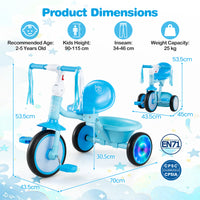Foldable Toddler Tricycle with Lighting Wheels and Adjustable Seat for 2-5 Years Old