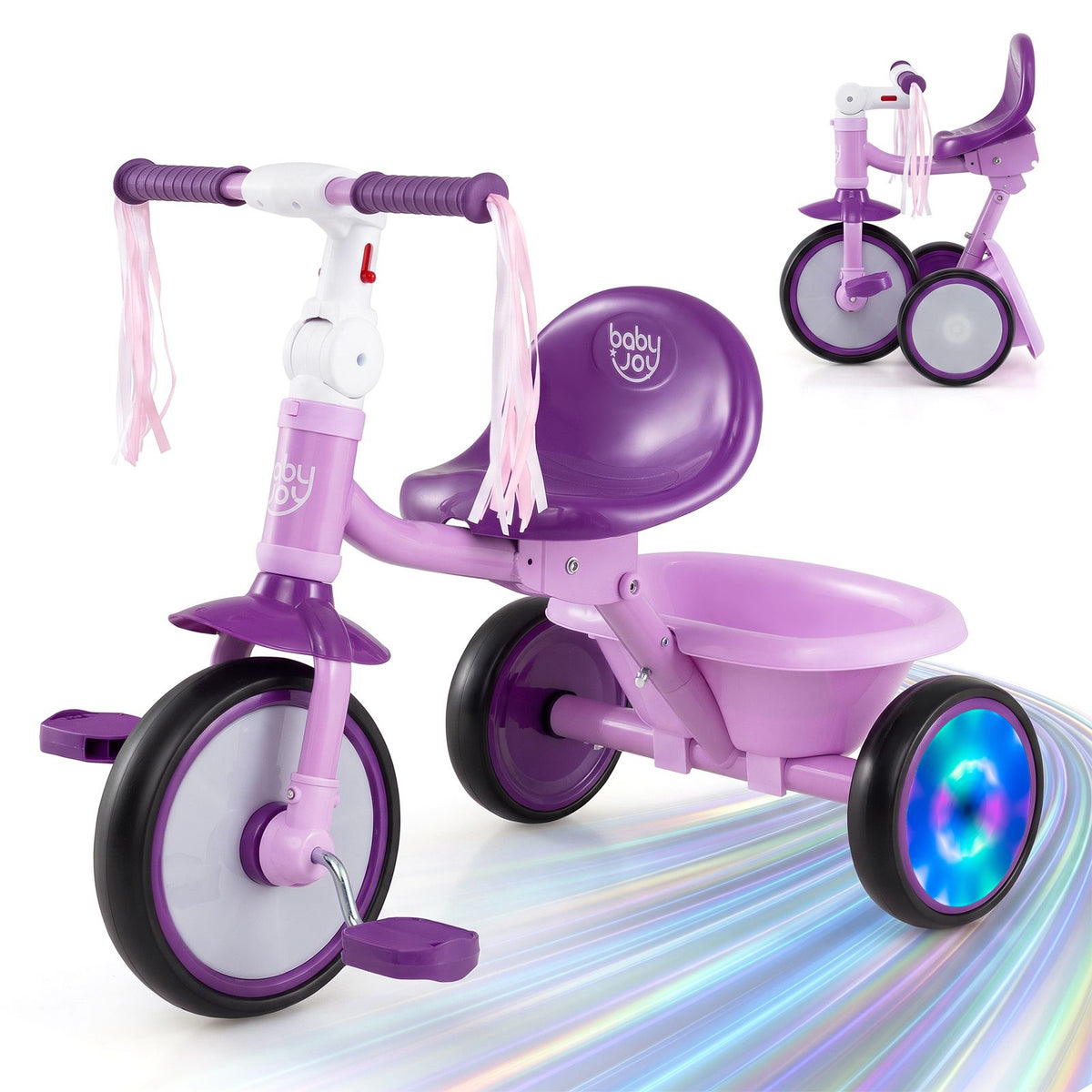 Foldable Toddler Tricycle with Lighting Wheels and Adjustable Seat for 2-5 Years Old