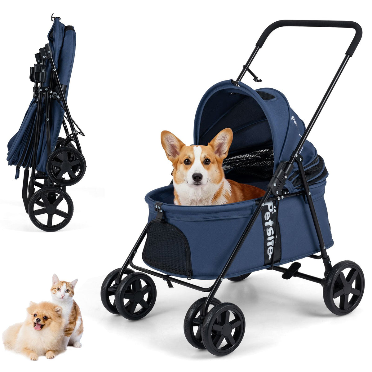 Pet Stroller for Dogs with 360 Swivel Wheels and One Step Brake