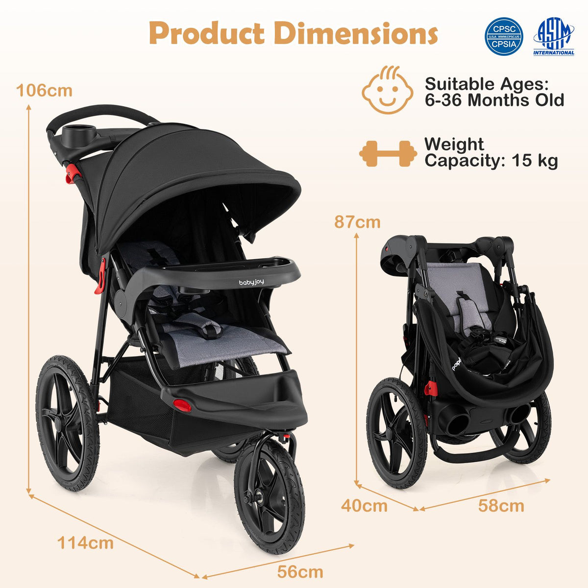 Foldable Jogger with Adjustable Canopy and Detachable Tray