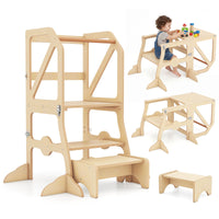 Foldable Kids Kitchen Step Stool Helper with Removable Safety Bar and Chair Set for Children 3+ Years Old