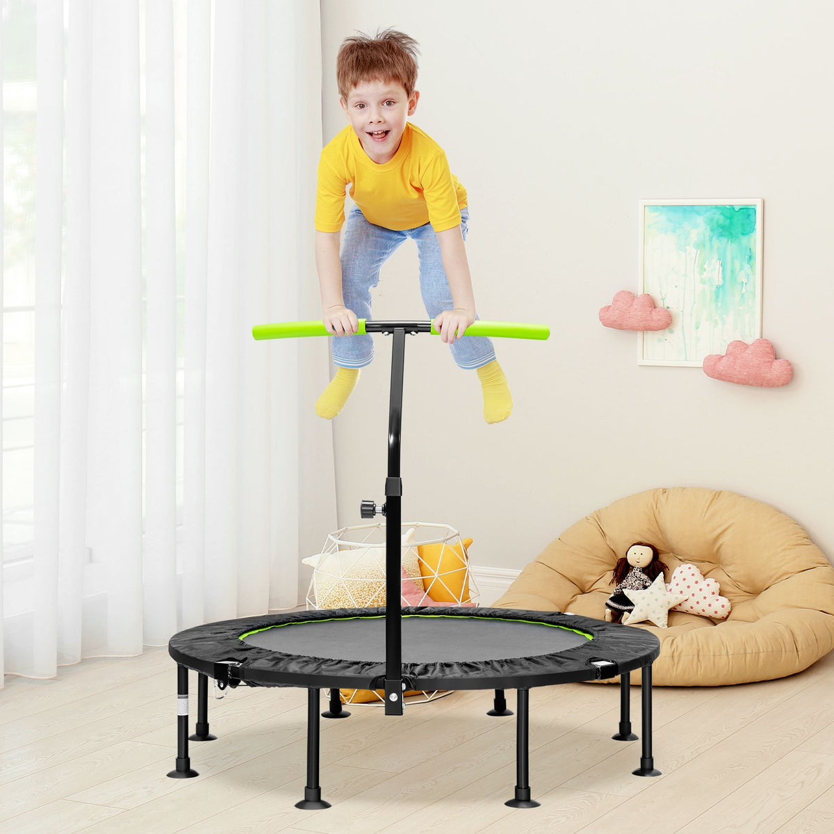 Foldable Mini Trampoline with Height Adjustable Handrail for Kids Adults