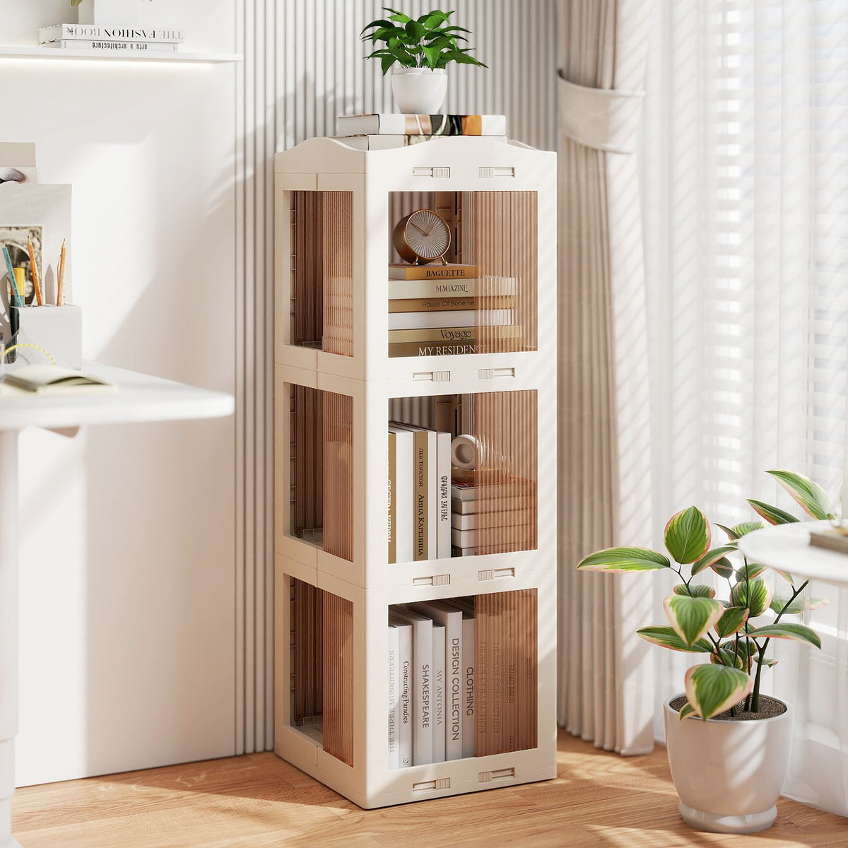 Foldable Rotating Bookshelf with Swivel Base for Living Room