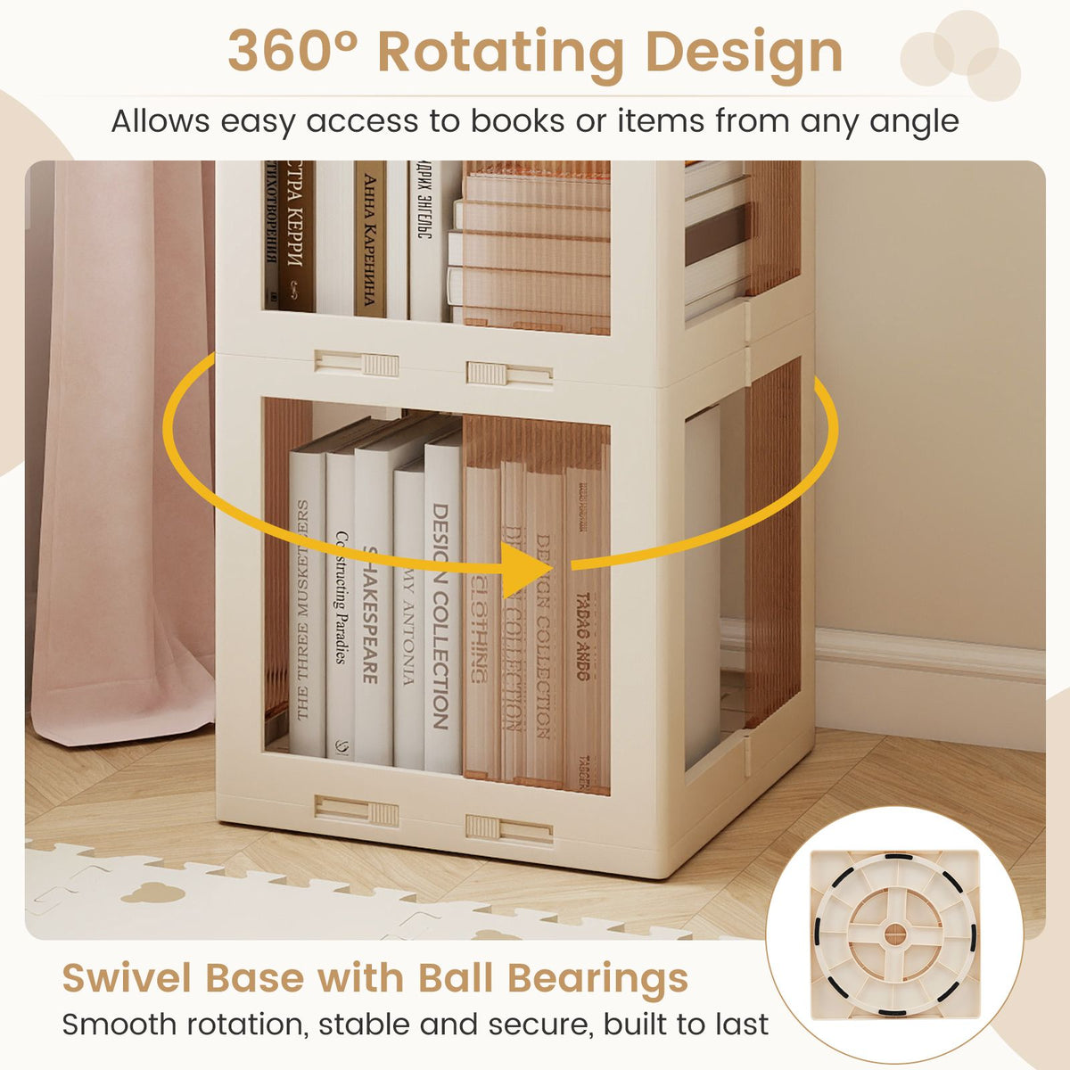 Foldable Rotating Bookshelf with Swivel Base for Living Room