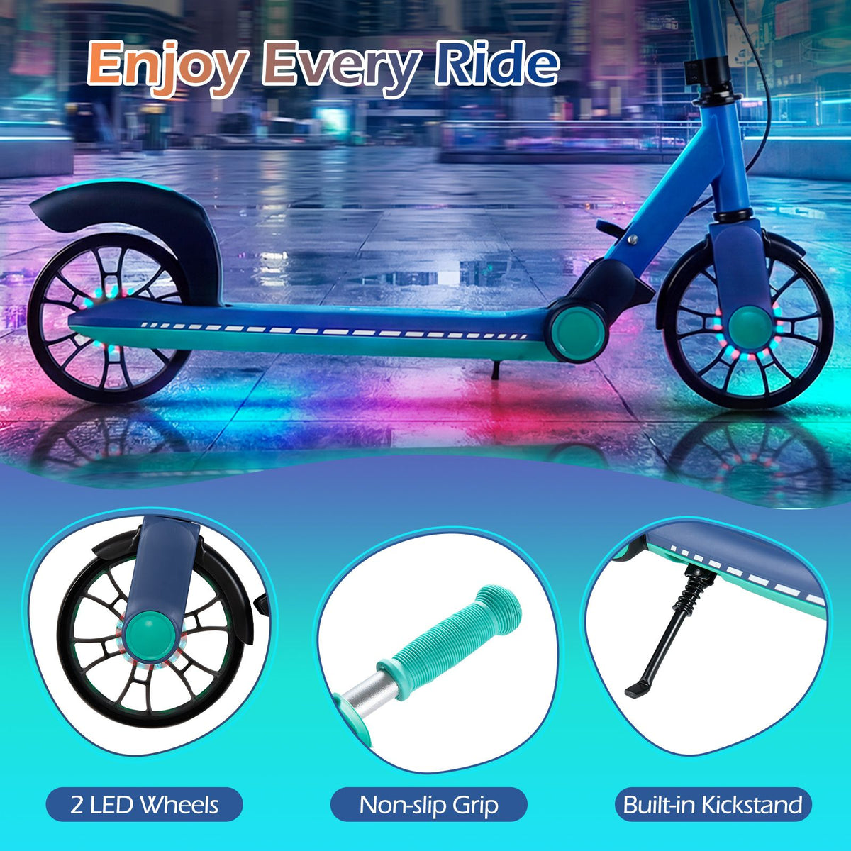 Foldable Scooter with 2 Light-up Wheels and 3-Height Adjustable Handle