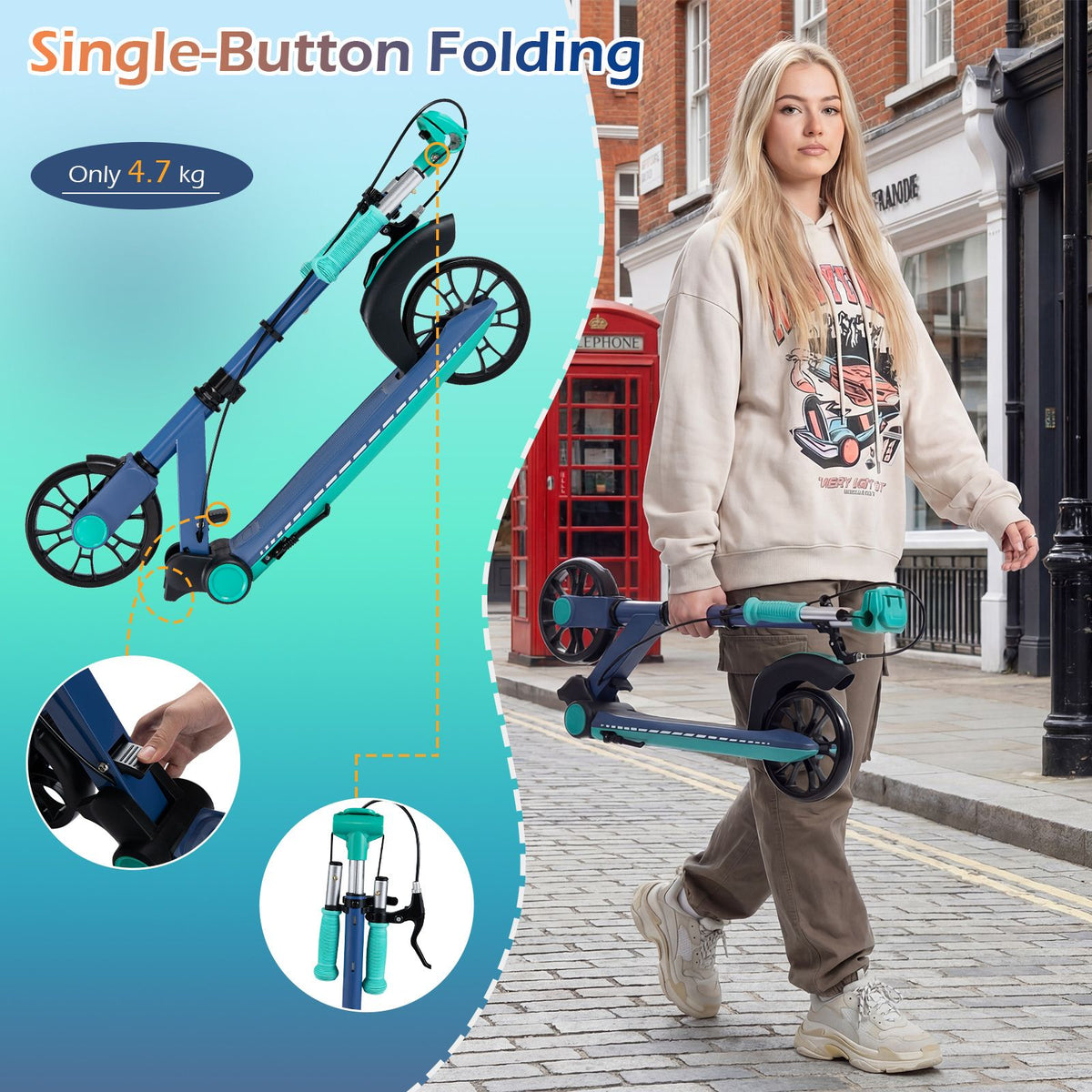 Foldable Scooter with 2 Light-up Wheels and 3-Height Adjustable Handle