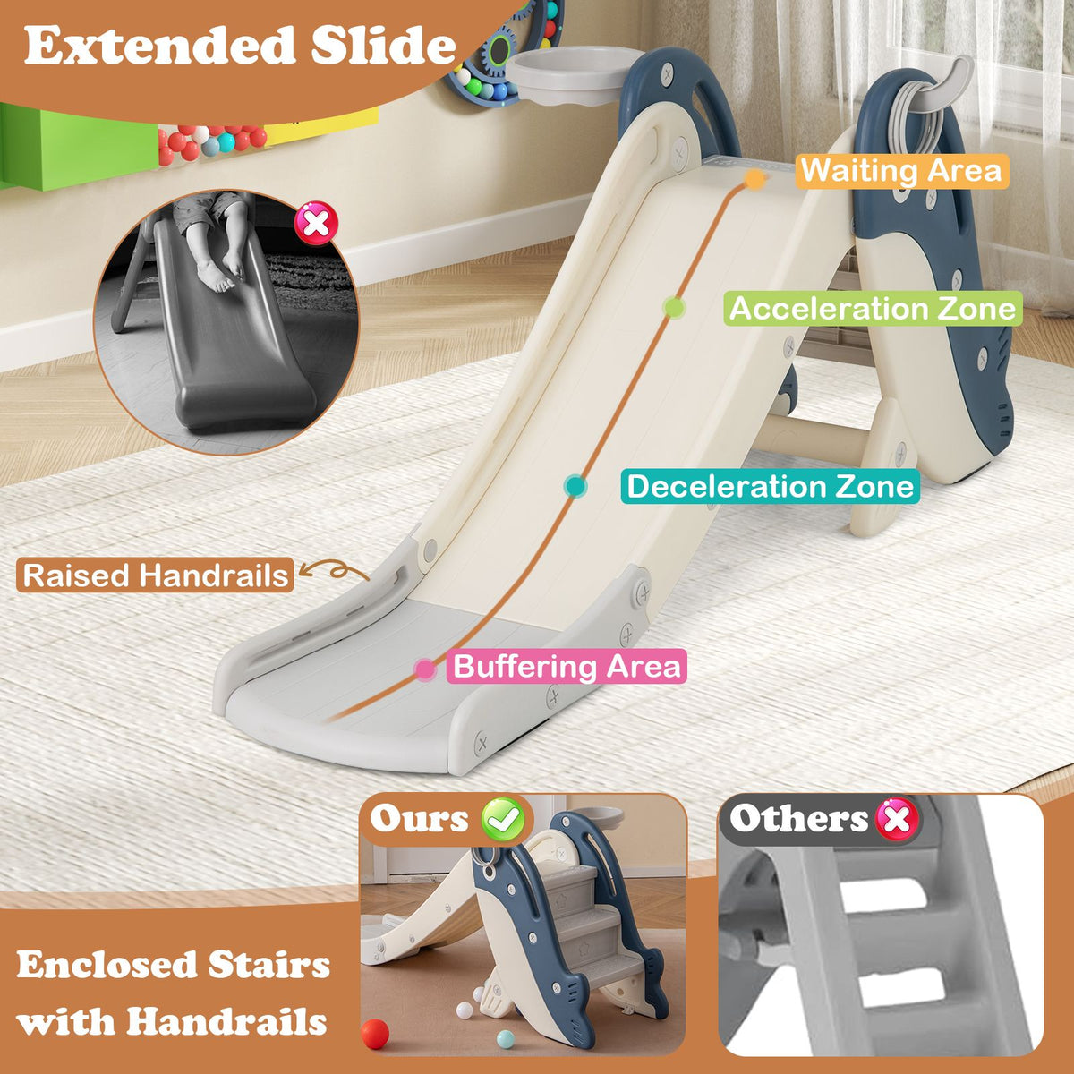 Foldable Toddler Slide with Basketball Hoop and Ring Toss