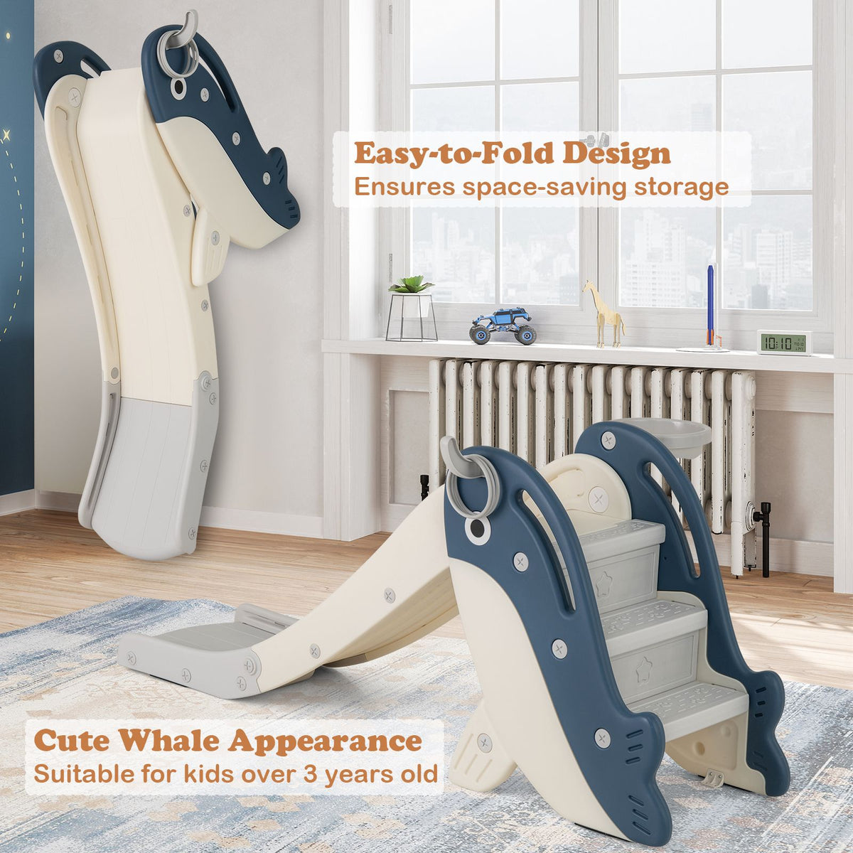 Foldable Toddler Slide with Basketball Hoop and Ring Toss