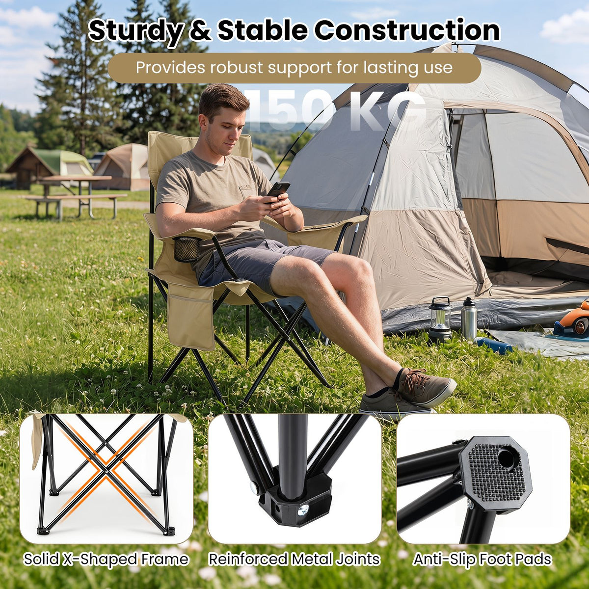 Folding Camping Chair with Mesh Backrest and Metal Frame