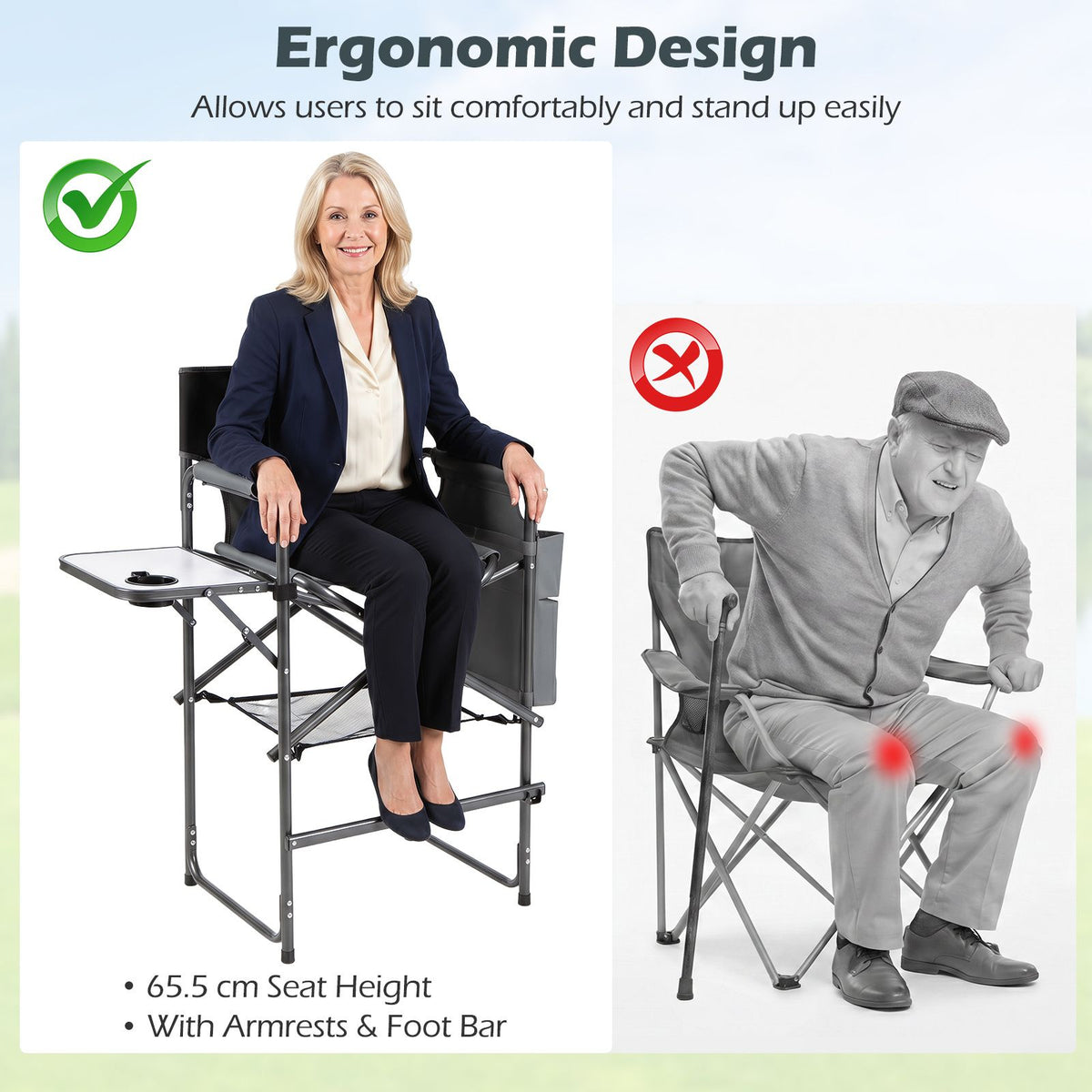 Folding Tall Camping Chair with Footrest and Cup Holders