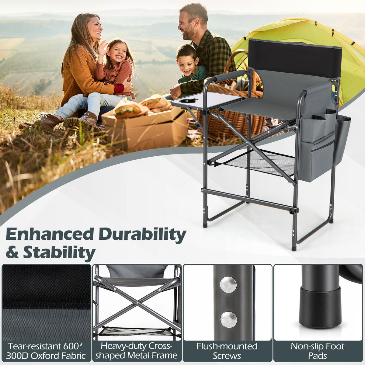 Folding Tall Camping Chair with Footrest and Cup Holders