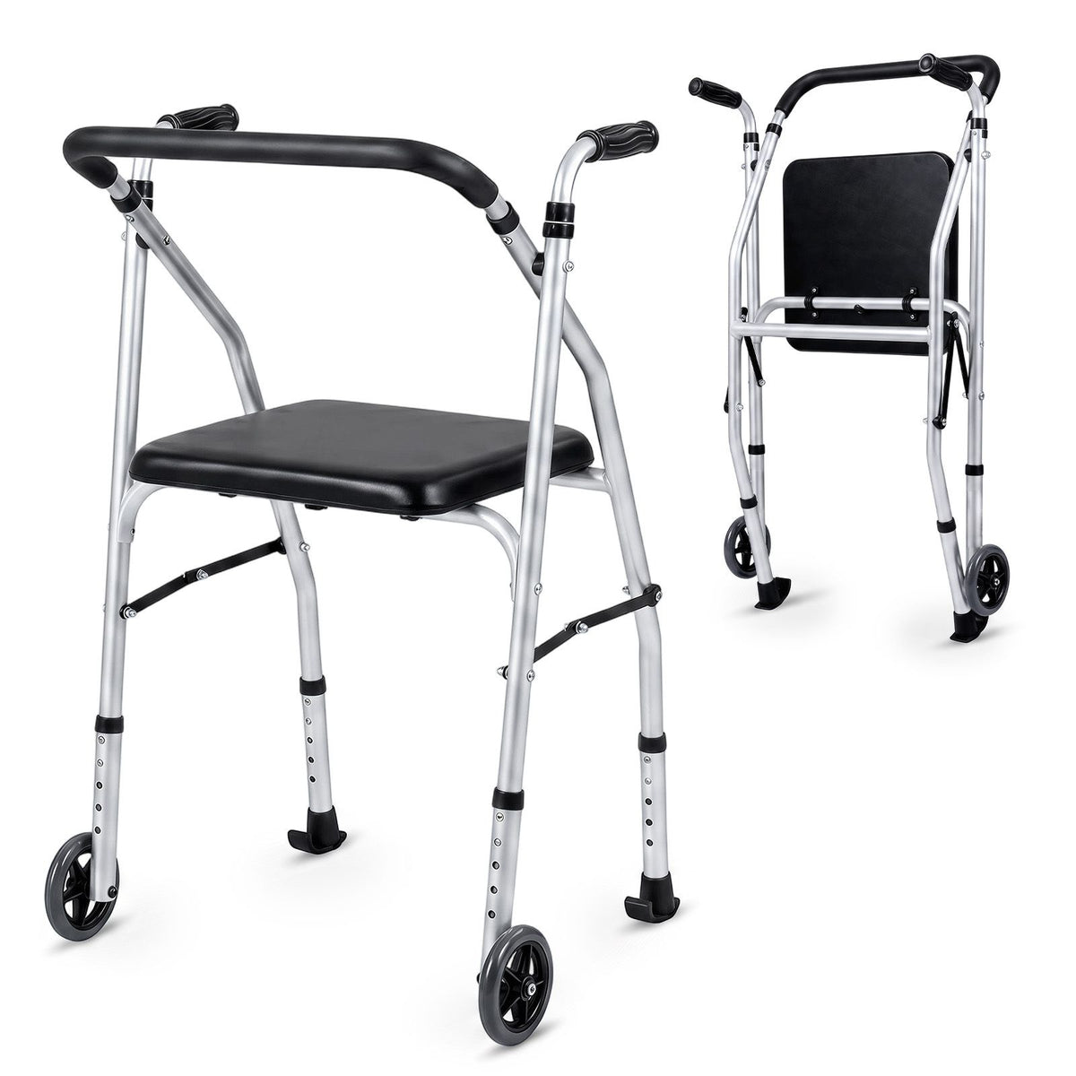 Folding Walker Lightweight Aluminum with 2 Wheels and Padded Seat for Seniors
