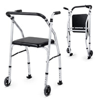 Folding Walker Lightweight Aluminum with 2 Wheels and Padded Seat for Seniors
