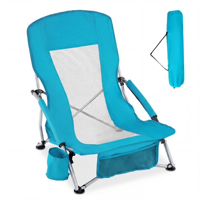 Folding Beach Chair Portable Lightweight Low Seat Chair with Padded Armrests
