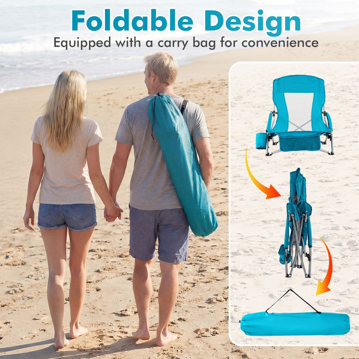 Folding Beach Chair Portable Lightweight Low Seat Chair with Padded Armrests