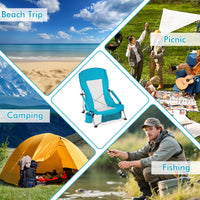 Folding Beach Chair Portable Lightweight Low Seat Chair with Padded Armrests
