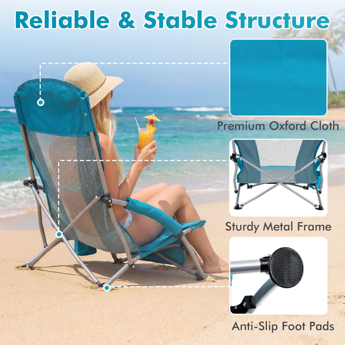 Folding Beach Chair Portable Lightweight Low Seat Chair with Padded Armrests
