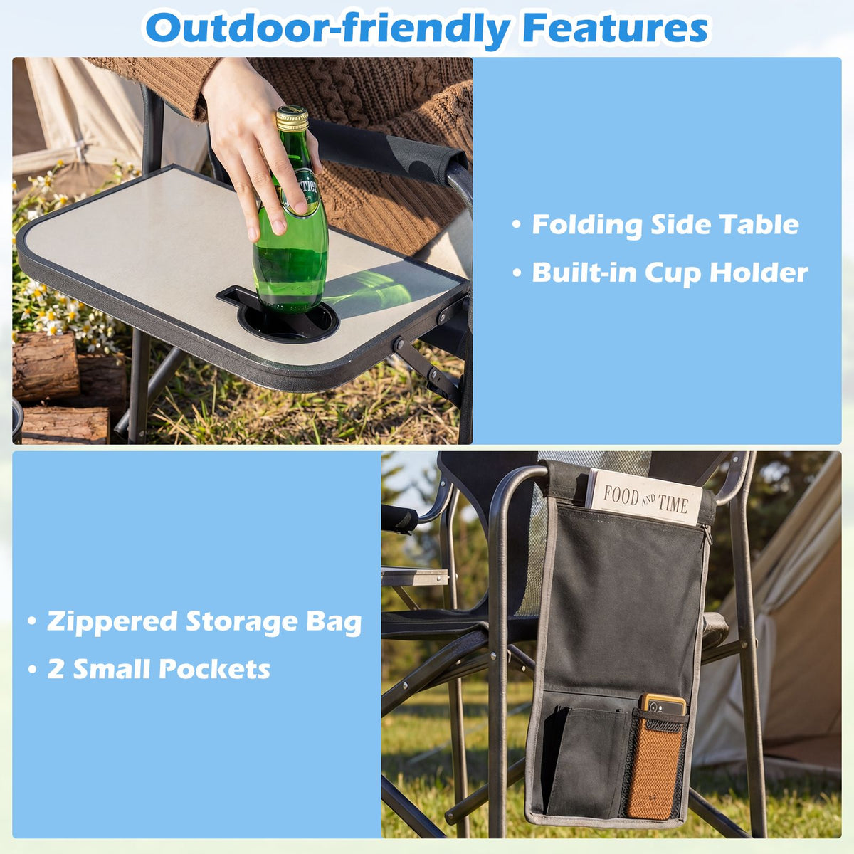 Folding Camping Chair Oversized Padded Portable Directors Chair with Side Table